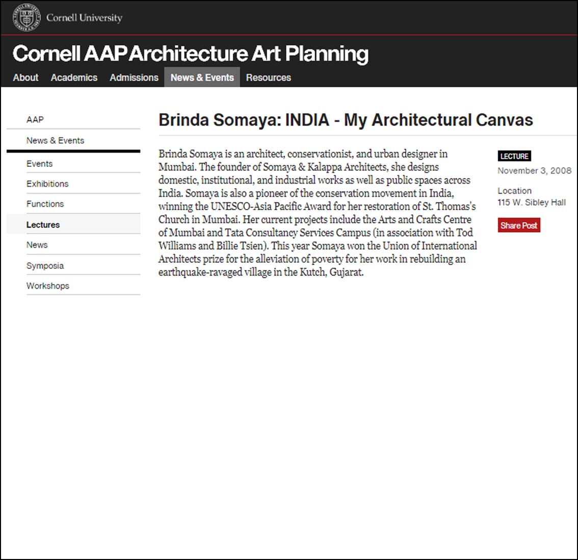 Brinda Somaya: India - My Architectural Canvas ,CornelAAP Architecture Artchitecture Art Planning - November 2008